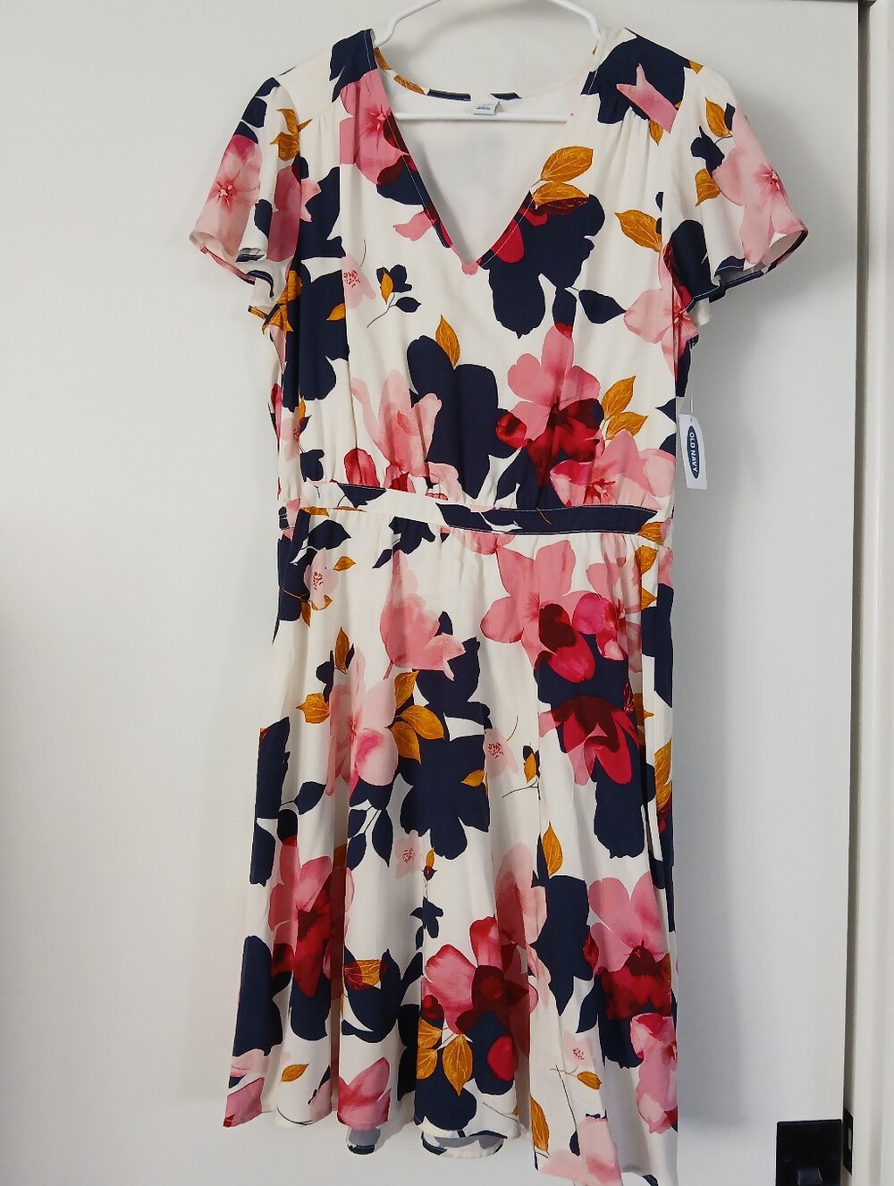 Old Navy White Midi Dress with Pink, Navy and Mustard Floral Print